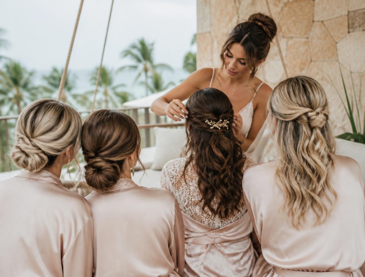 Bridal party in silk robes having their hair styled on a sunlit terrace